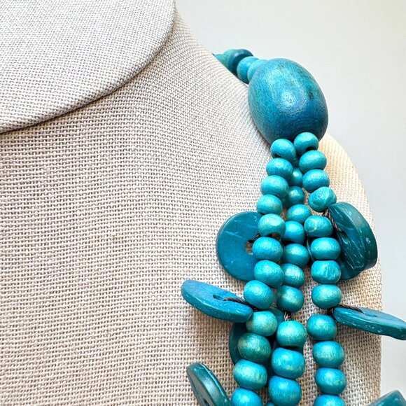 VTG Circle Disc & Round Coconut Wood Dyed Blue Triple Strand Necklace 30" Length - Picture 5 of 10